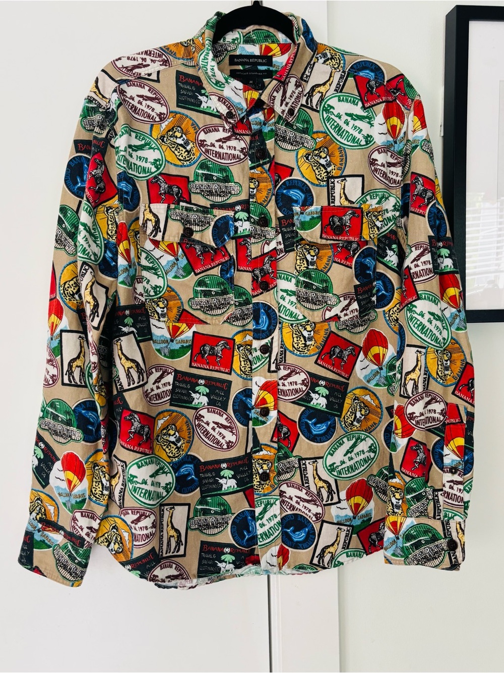 Men's Banana Republic Travel Safari Print linen/cotton button up shirt size MED